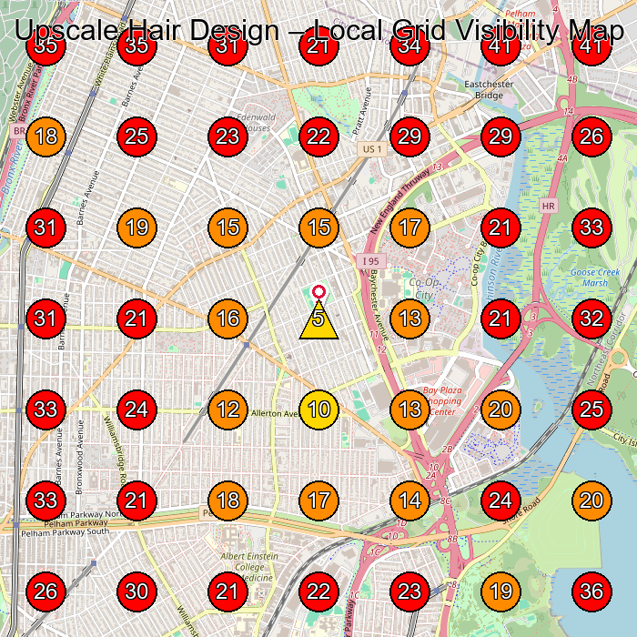 Upscale Hair Design GeoGrid visibility map for Beauty Salon in Bronx